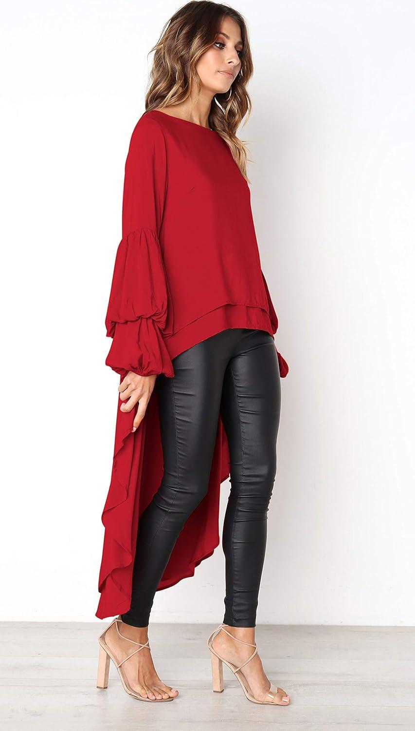 imagePRETTYGARDEN Womens Lantern Long Sleeve Round Neck High Low Asymmetrical Irregular Hem Casual Tops Blouse Shirt DressRed