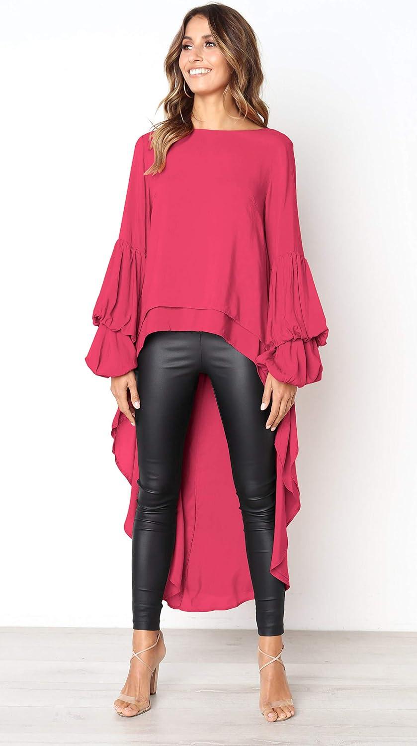imagePRETTYGARDEN Womens Lantern Long Sleeve Round Neck High Low Asymmetrical Irregular Hem Casual Tops Blouse Shirt DressRose Red