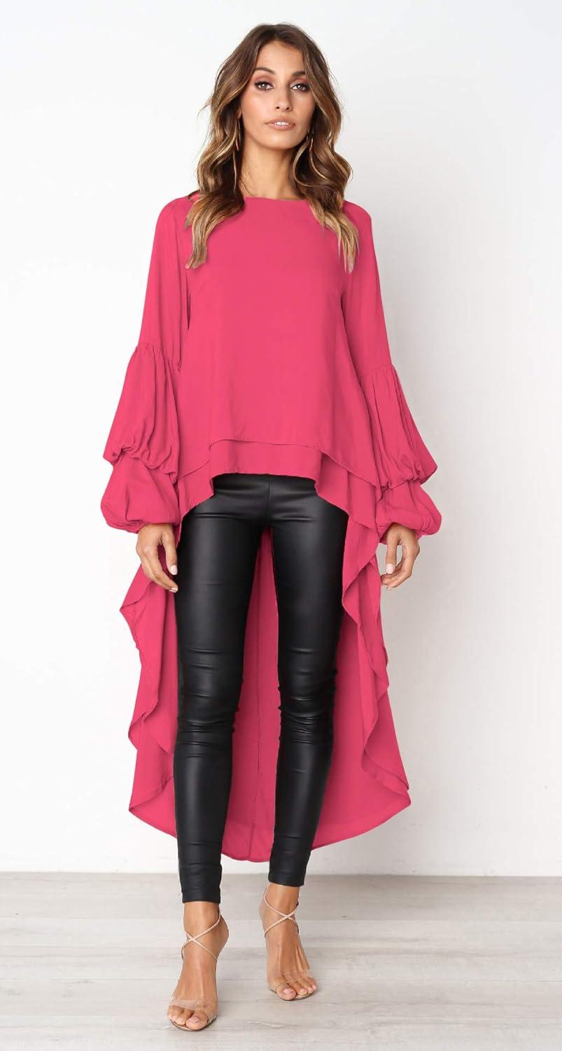 imagePRETTYGARDEN Womens Lantern Long Sleeve Round Neck High Low Asymmetrical Irregular Hem Casual Tops Blouse Shirt DressRose Red