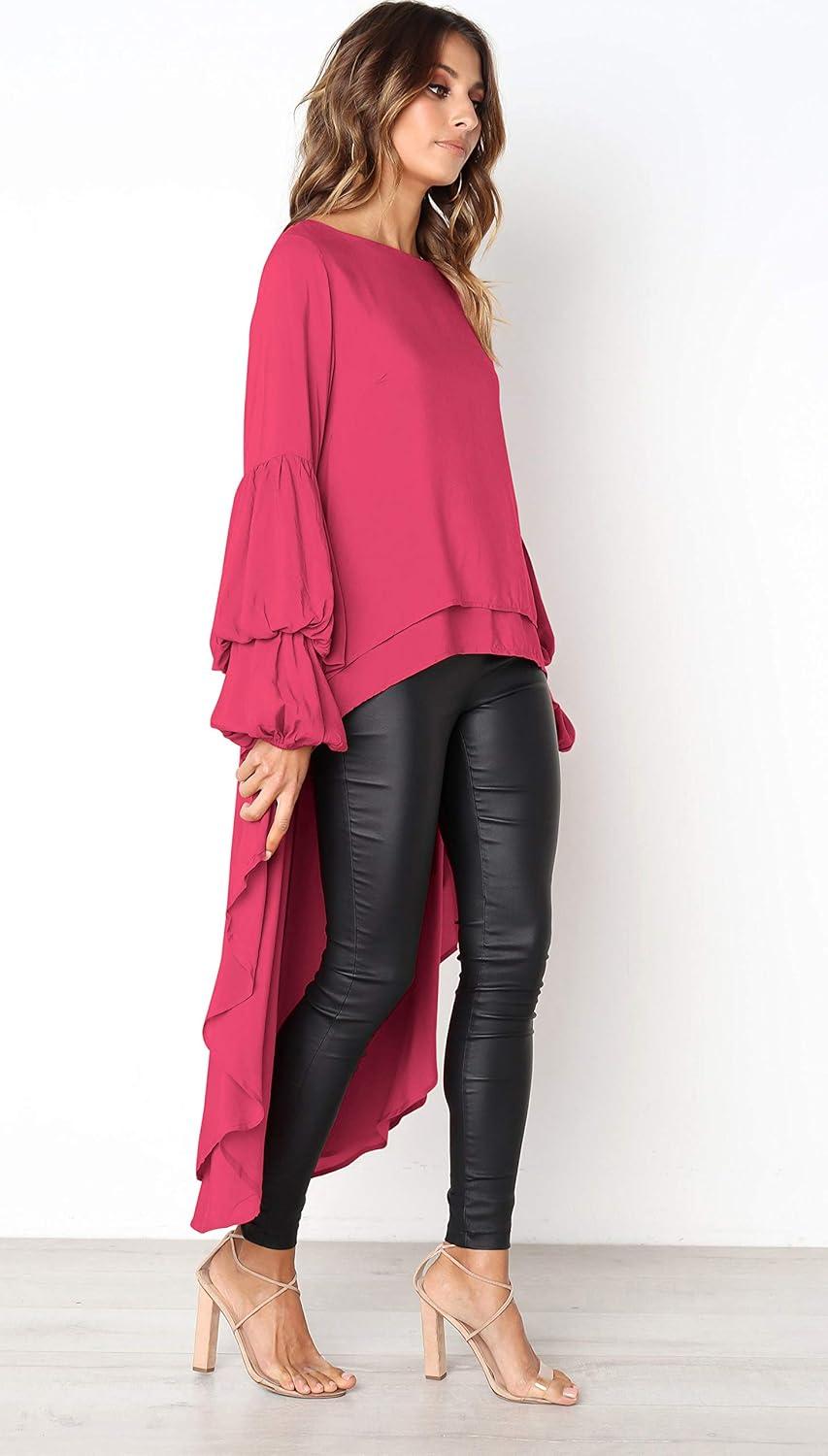 imagePRETTYGARDEN Womens Lantern Long Sleeve Round Neck High Low Asymmetrical Irregular Hem Casual Tops Blouse Shirt DressRose Red