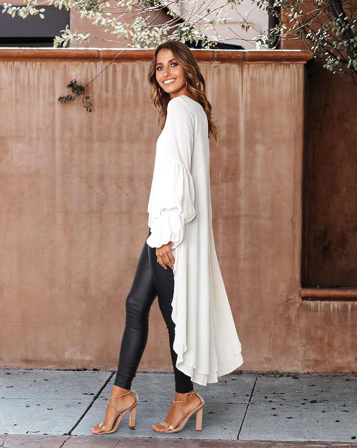 imagePRETTYGARDEN Womens Lantern Long Sleeve Round Neck High Low Asymmetrical Irregular Hem Casual Tops Blouse Shirt DressWhite