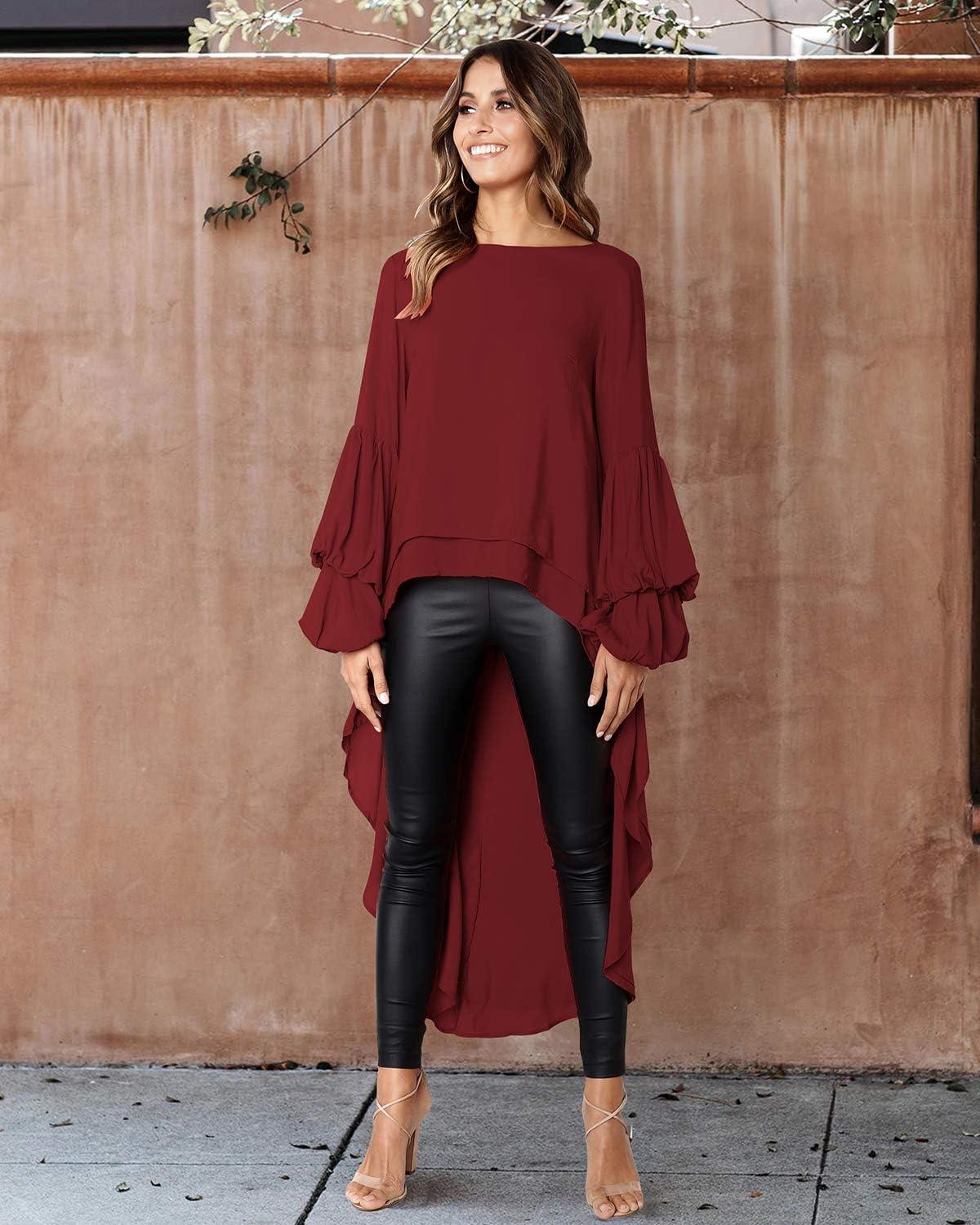 imagePRETTYGARDEN Womens Lantern Long Sleeve Round Neck High Low Asymmetrical Irregular Hem Casual Tops Blouse Shirt DressWine Red