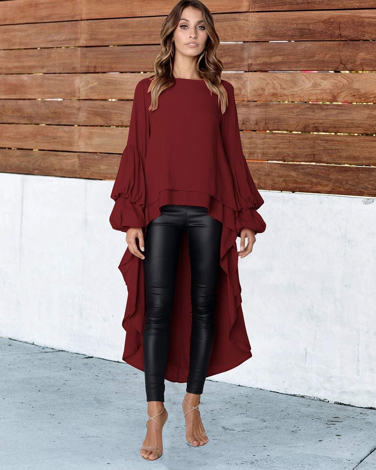 imagePRETTYGARDEN Womens Lantern Long Sleeve Round Neck High Low Asymmetrical Irregular Hem Casual Tops Blouse Shirt DressWine Red