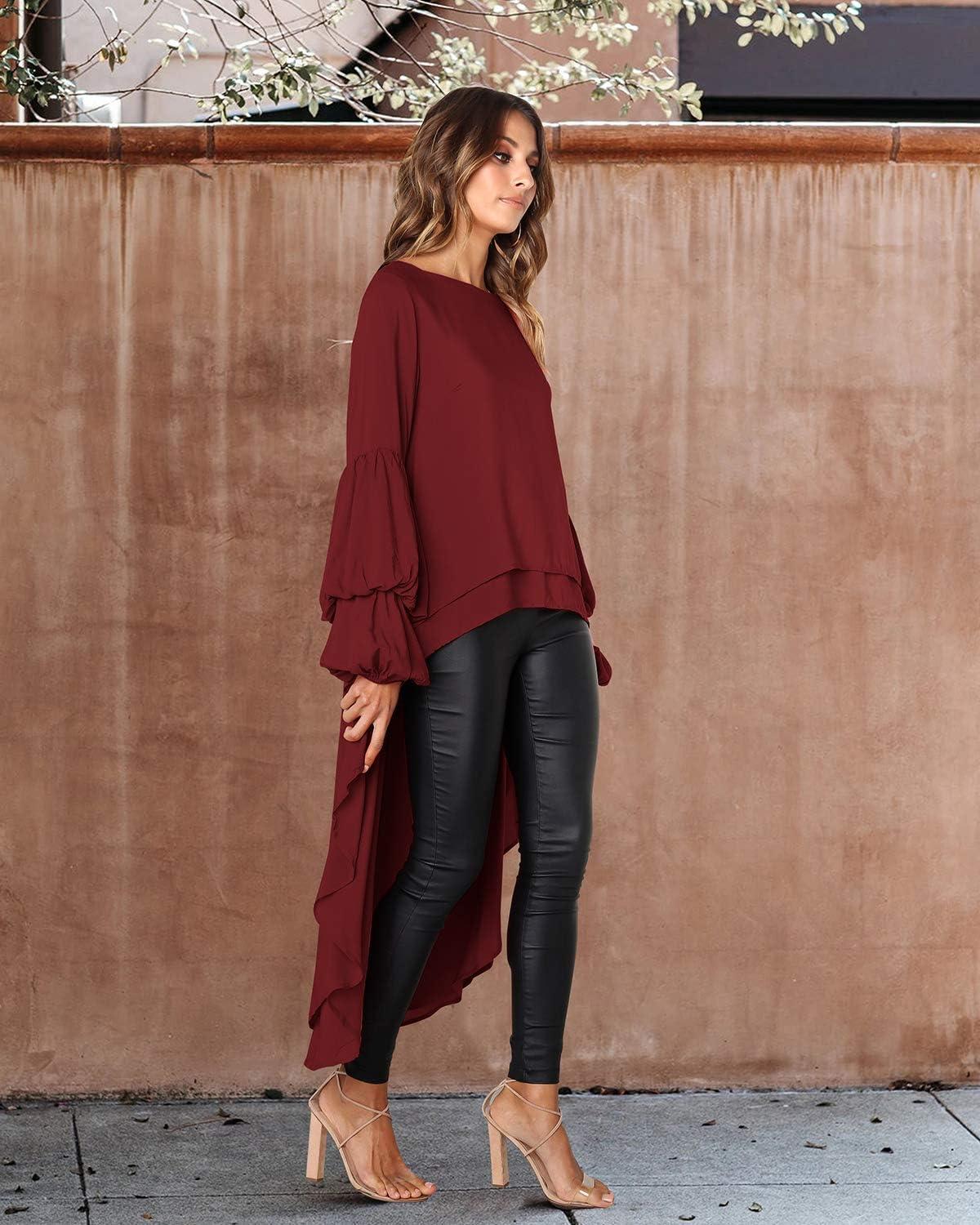 imagePRETTYGARDEN Womens Lantern Long Sleeve Round Neck High Low Asymmetrical Irregular Hem Casual Tops Blouse Shirt DressWine Red