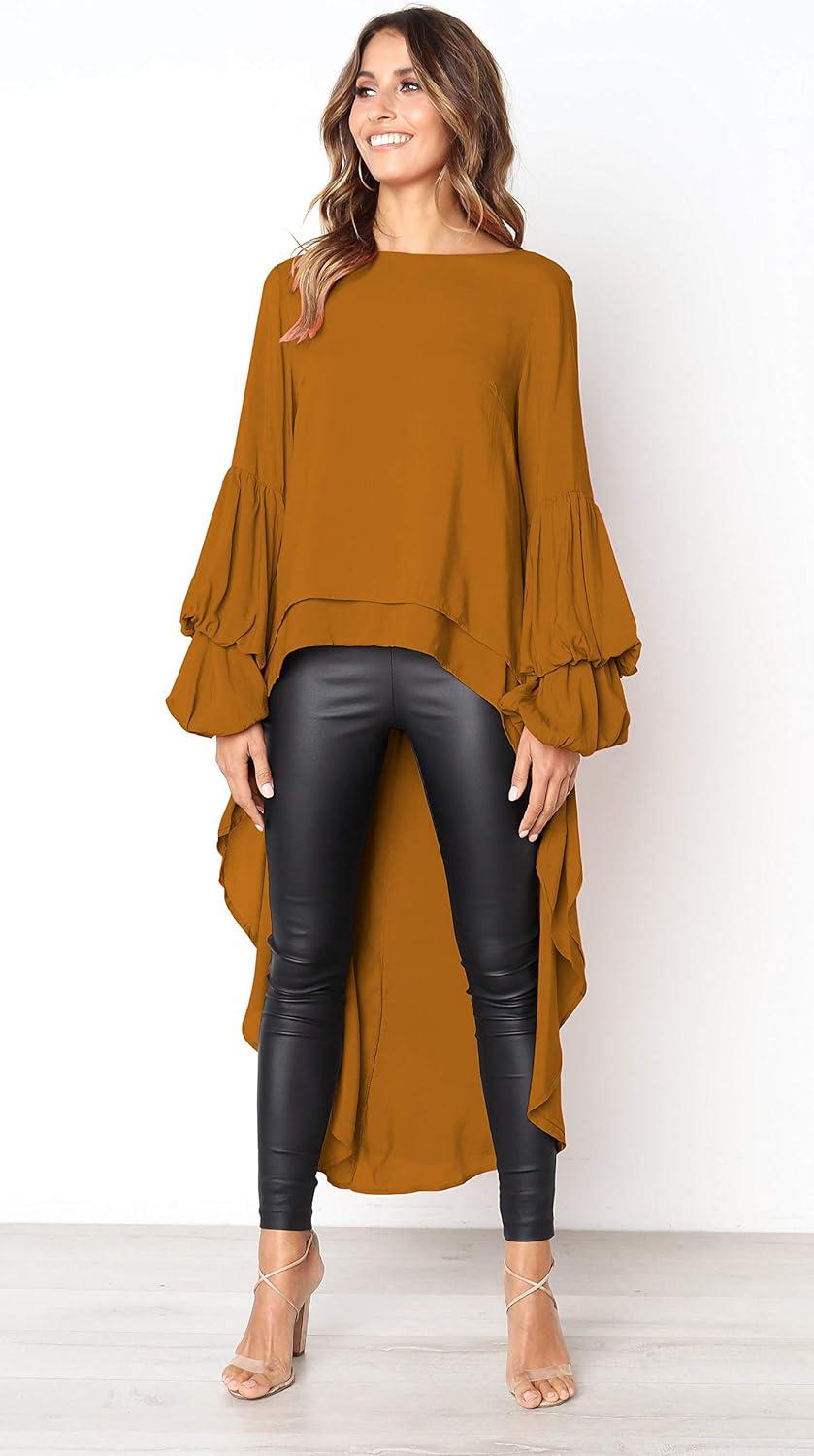 imagePRETTYGARDEN Womens Lantern Long Sleeve Round Neck High Low Asymmetrical Irregular Hem Casual Tops Blouse Shirt DressYellow