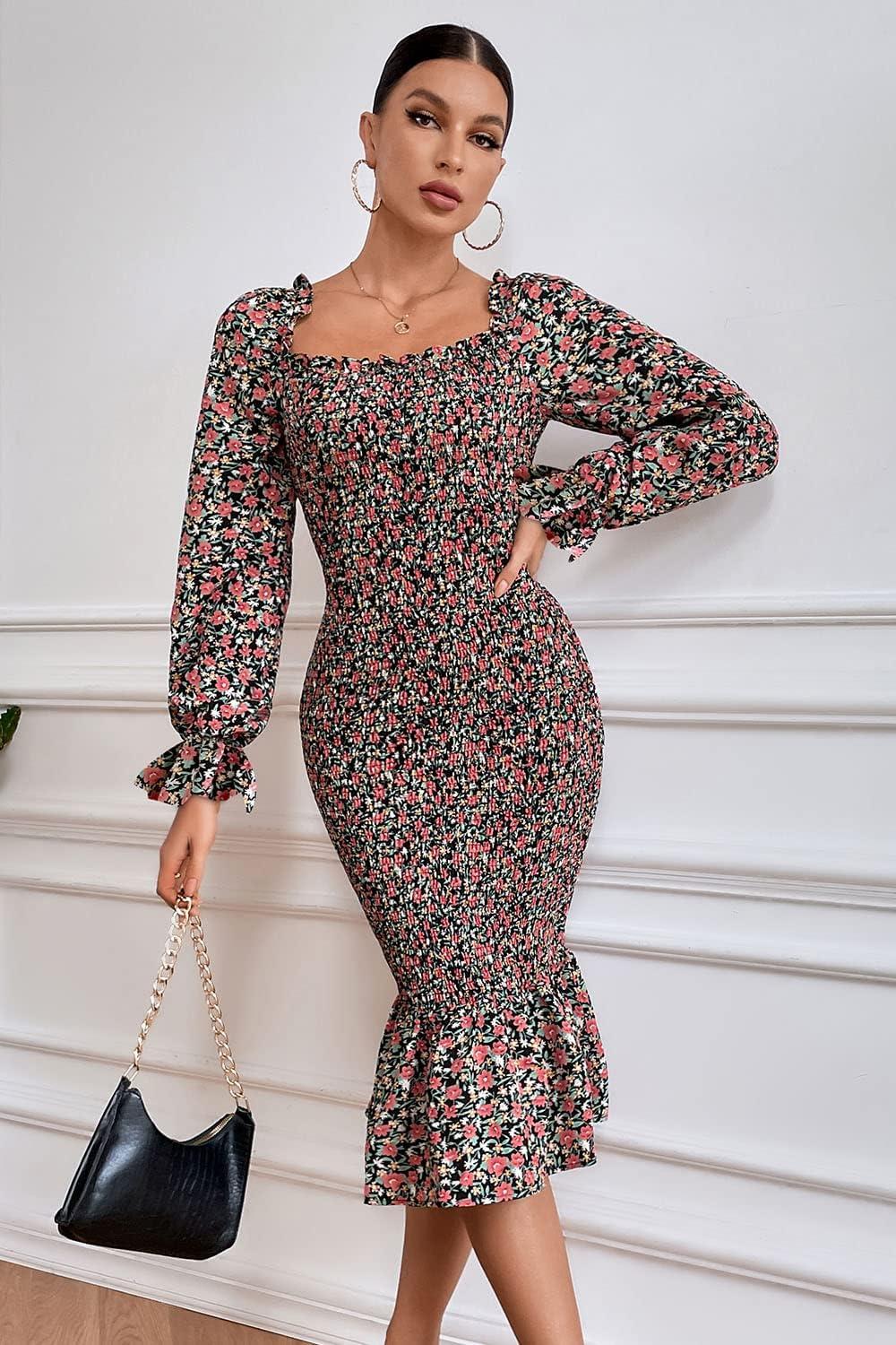 imagePRETTYGARDEN Womens Long Puff Sleeve Floral Midi Bodycon Dresses Square Neck Ruffle Mermaid Smocked DressBlack Orange