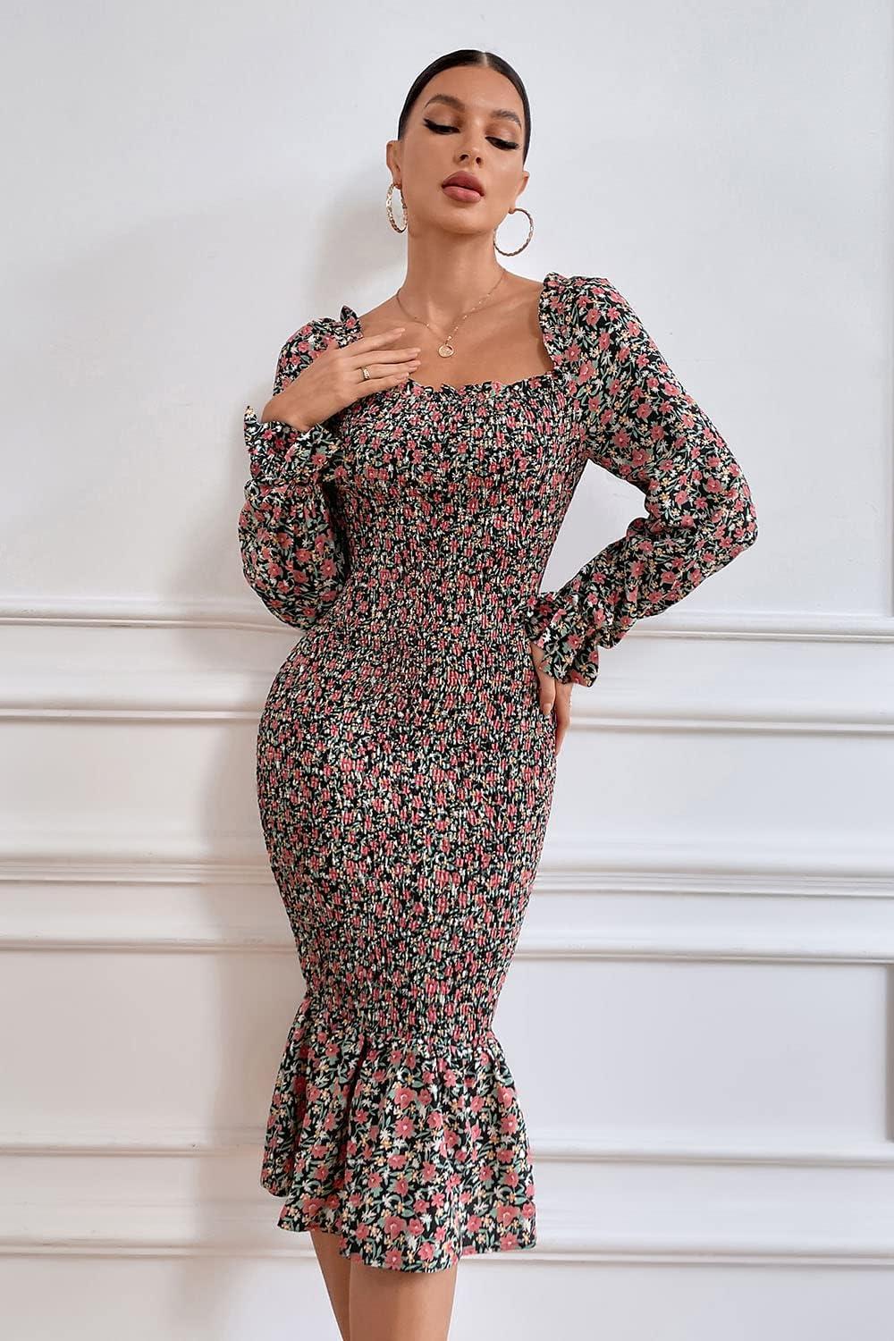 imagePRETTYGARDEN Womens Long Puff Sleeve Floral Midi Bodycon Dresses Square Neck Ruffle Mermaid Smocked DressBlack Orange