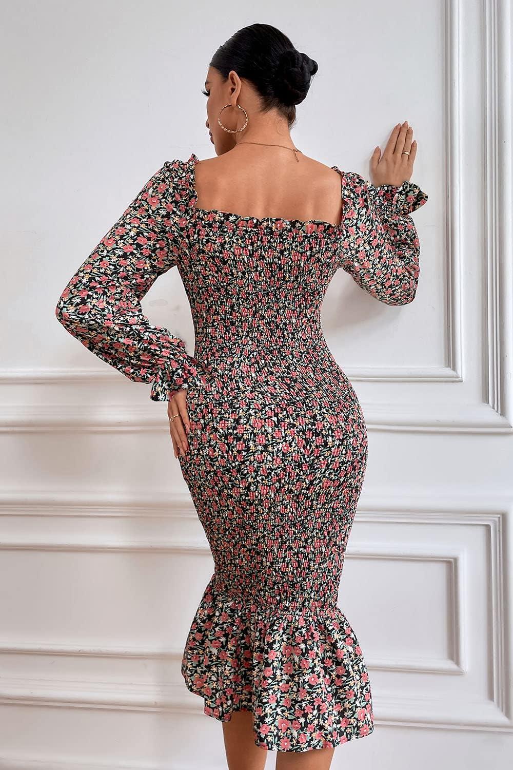 imagePRETTYGARDEN Womens Long Puff Sleeve Floral Midi Bodycon Dresses Square Neck Ruffle Mermaid Smocked DressBlack Orange