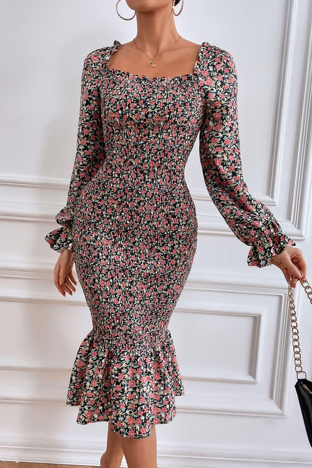 imagePRETTYGARDEN Womens Long Puff Sleeve Floral Midi Bodycon Dresses Square Neck Ruffle Mermaid Smocked DressBlack Orange