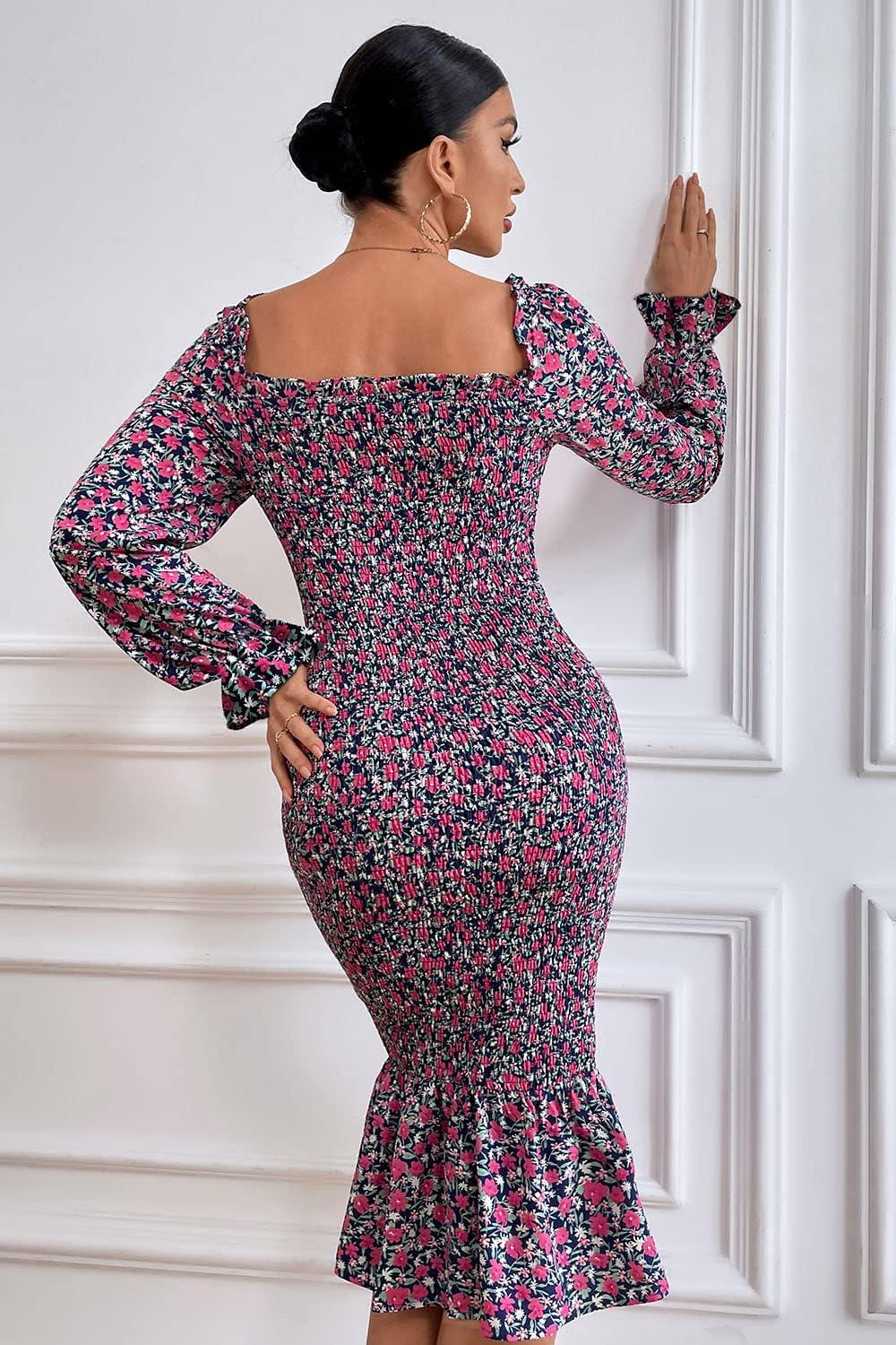 imagePRETTYGARDEN Womens Long Puff Sleeve Floral Midi Bodycon Dresses Square Neck Ruffle Mermaid Smocked DressBlue Purple