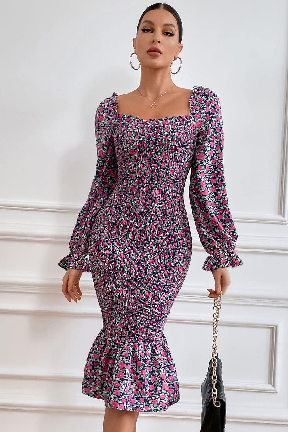 imagePRETTYGARDEN Womens Long Puff Sleeve Floral Midi Bodycon Dresses Square Neck Ruffle Mermaid Smocked DressBlue Purple