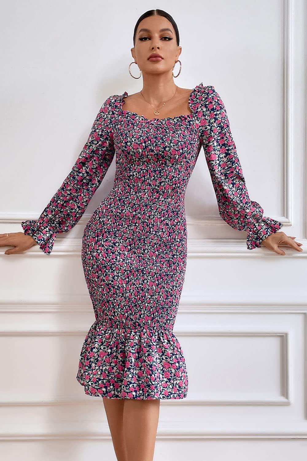 imagePRETTYGARDEN Womens Long Puff Sleeve Floral Midi Bodycon Dresses Square Neck Ruffle Mermaid Smocked DressBlue Purple