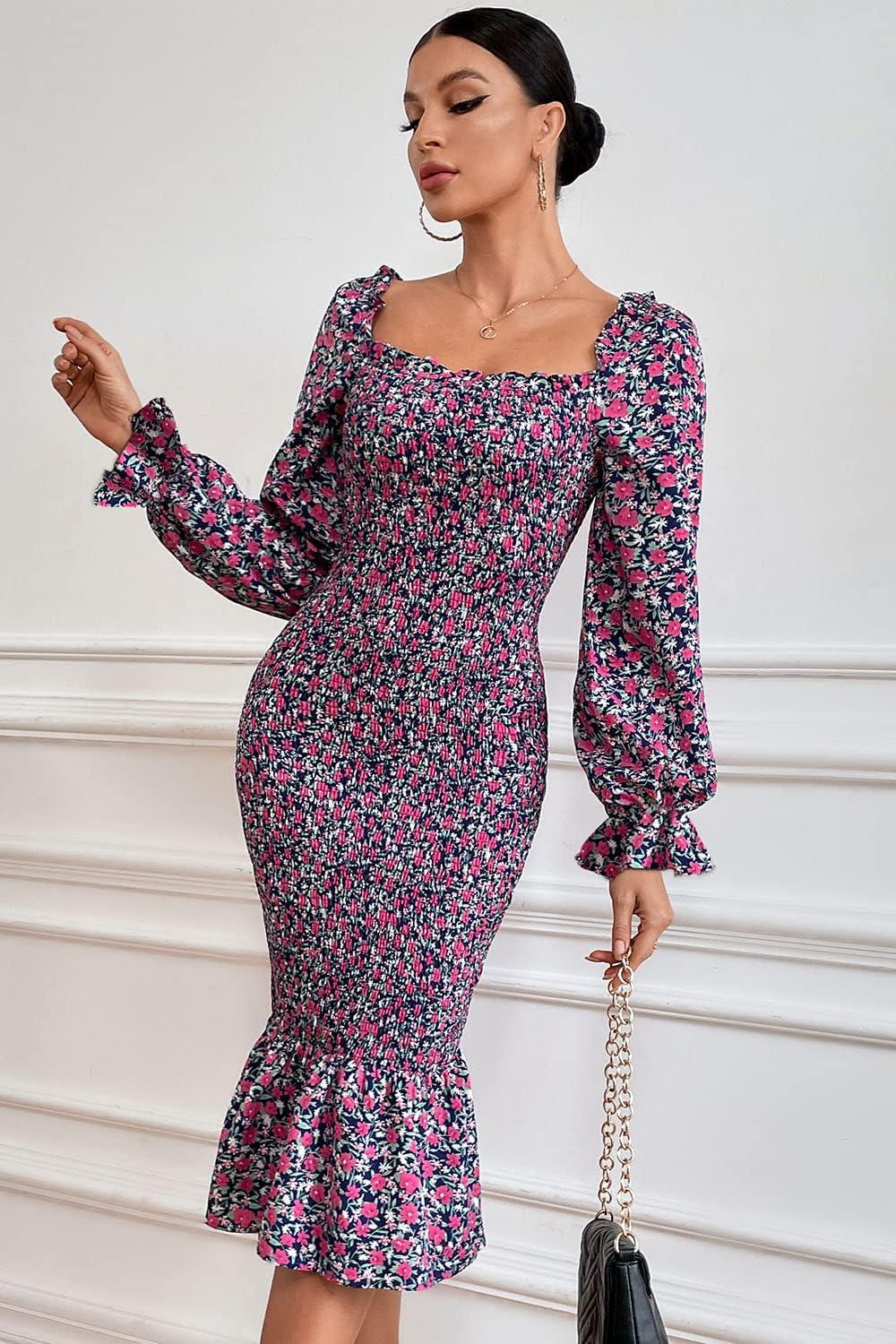 imagePRETTYGARDEN Womens Long Puff Sleeve Floral Midi Bodycon Dresses Square Neck Ruffle Mermaid Smocked DressBlue Purple