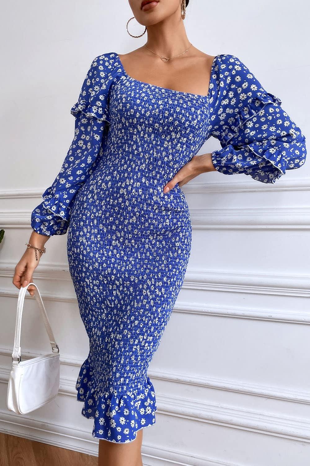 imagePRETTYGARDEN Womens Long Puff Sleeve Floral Midi Bodycon Dresses Square Neck Ruffle Mermaid Smocked DressBlue White