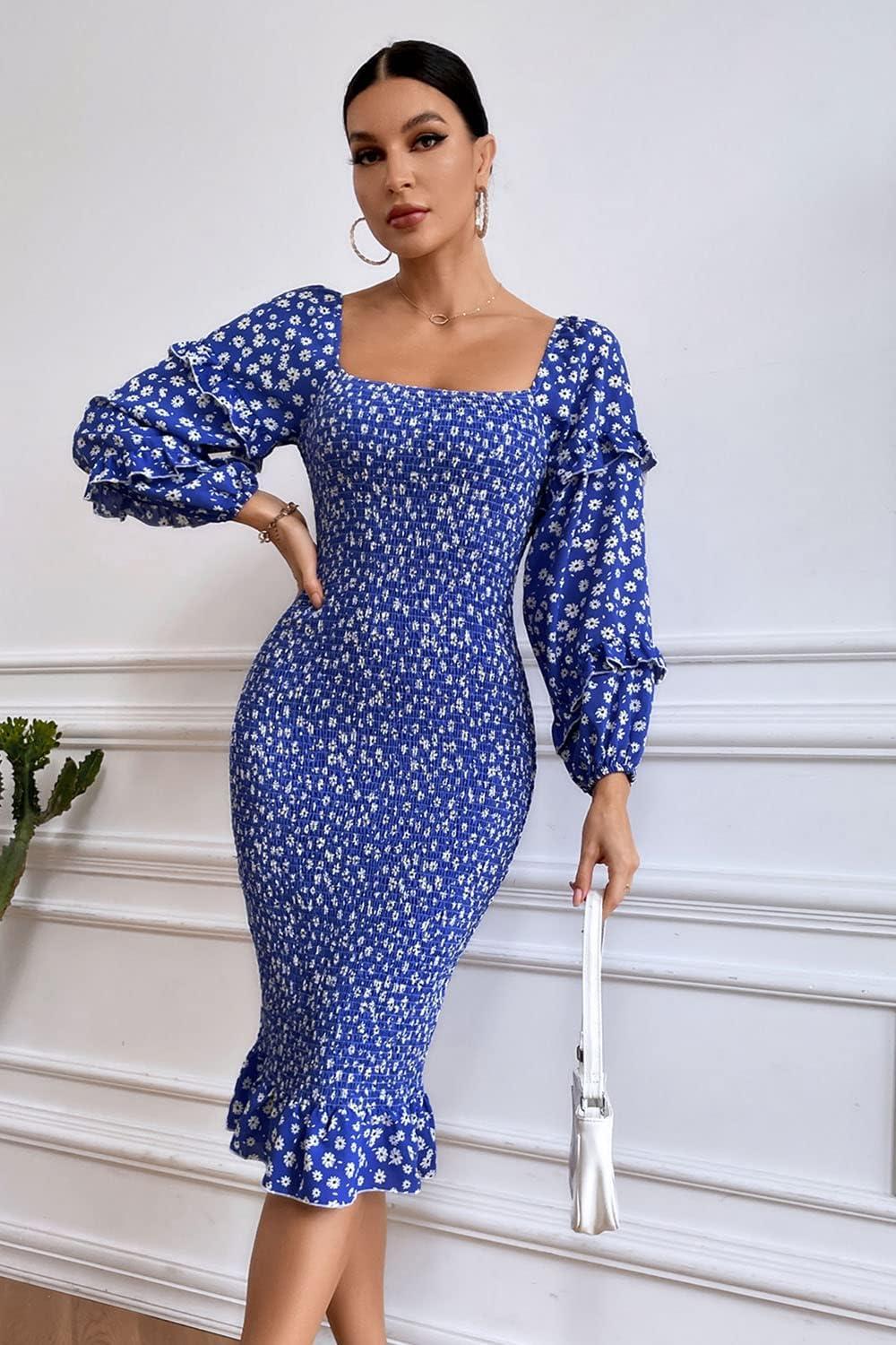 imagePRETTYGARDEN Womens Long Puff Sleeve Floral Midi Bodycon Dresses Square Neck Ruffle Mermaid Smocked DressBlue White