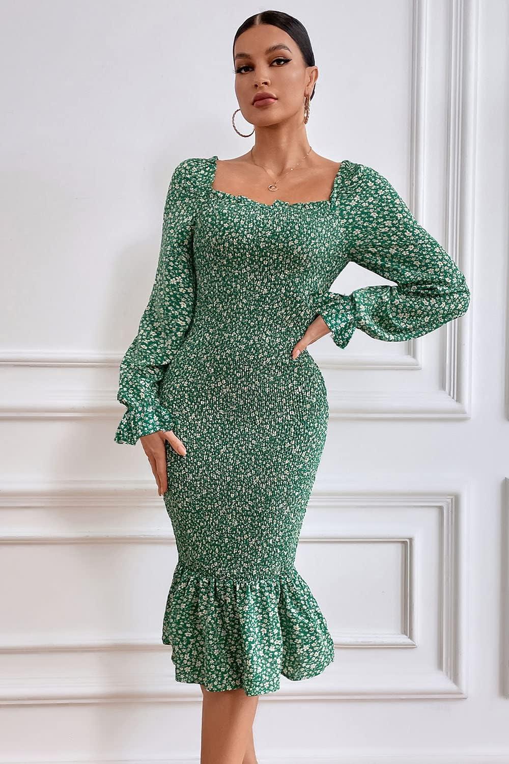 imagePRETTYGARDEN Womens Long Puff Sleeve Floral Midi Bodycon Dresses Square Neck Ruffle Mermaid Smocked DressGreen