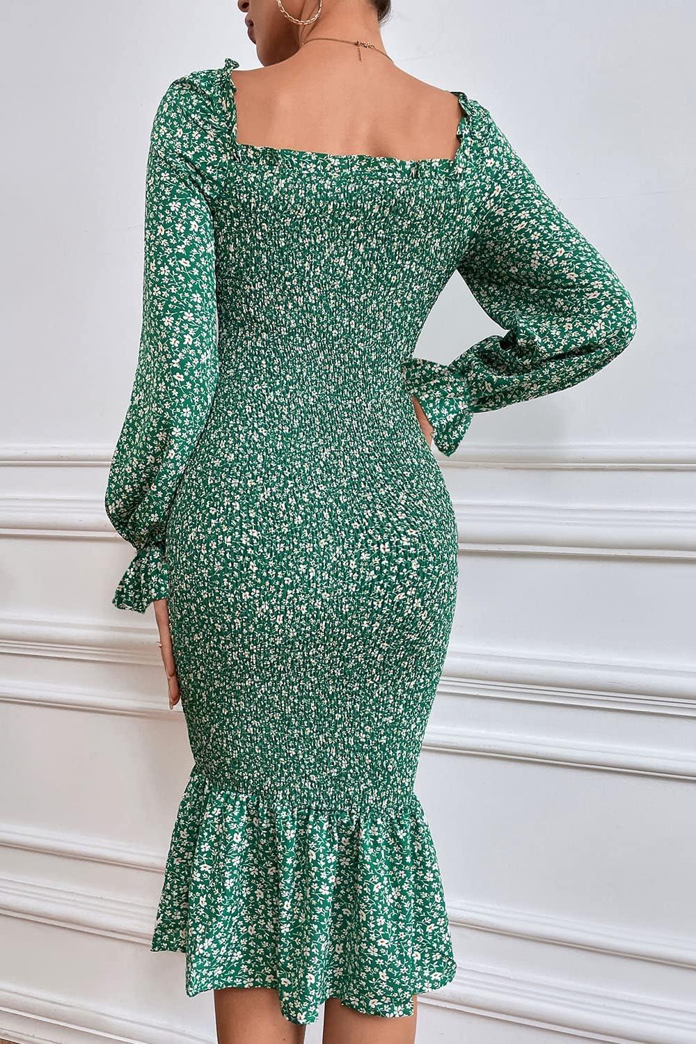 imagePRETTYGARDEN Womens Long Puff Sleeve Floral Midi Bodycon Dresses Square Neck Ruffle Mermaid Smocked DressGreen