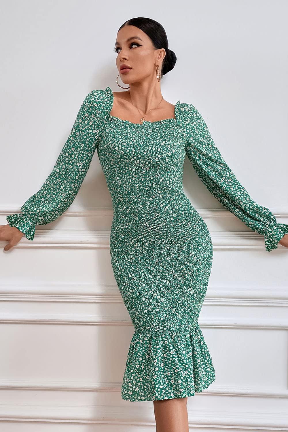 imagePRETTYGARDEN Womens Long Puff Sleeve Floral Midi Bodycon Dresses Square Neck Ruffle Mermaid Smocked DressGreen