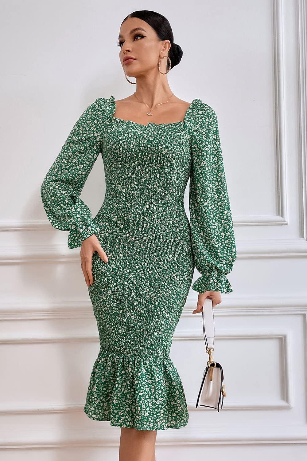 imagePRETTYGARDEN Womens Long Puff Sleeve Floral Midi Bodycon Dresses Square Neck Ruffle Mermaid Smocked DressGreen