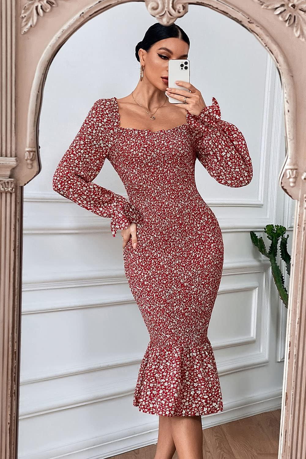 imagePRETTYGARDEN Womens Long Puff Sleeve Floral Midi Bodycon Dresses Square Neck Ruffle Mermaid Smocked DressRed