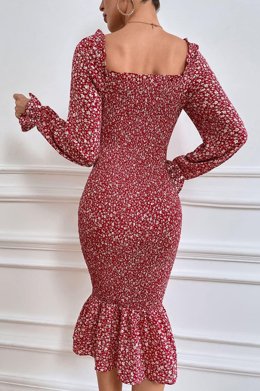 imagePRETTYGARDEN Womens Long Puff Sleeve Floral Midi Bodycon Dresses Square Neck Ruffle Mermaid Smocked DressRed