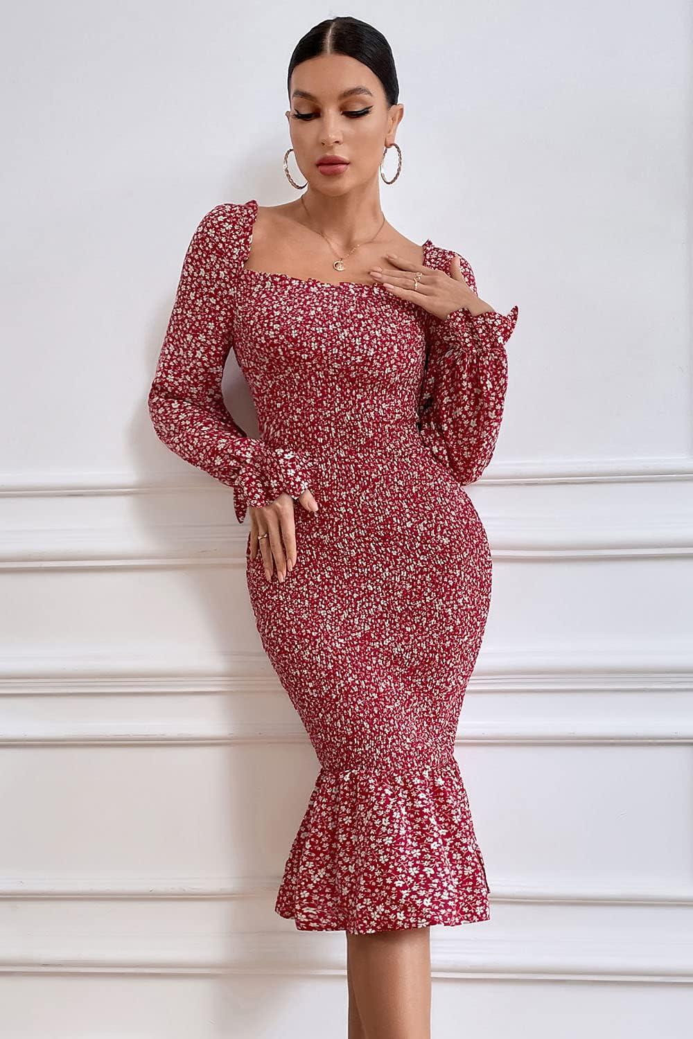 imagePRETTYGARDEN Womens Long Puff Sleeve Floral Midi Bodycon Dresses Square Neck Ruffle Mermaid Smocked DressRed