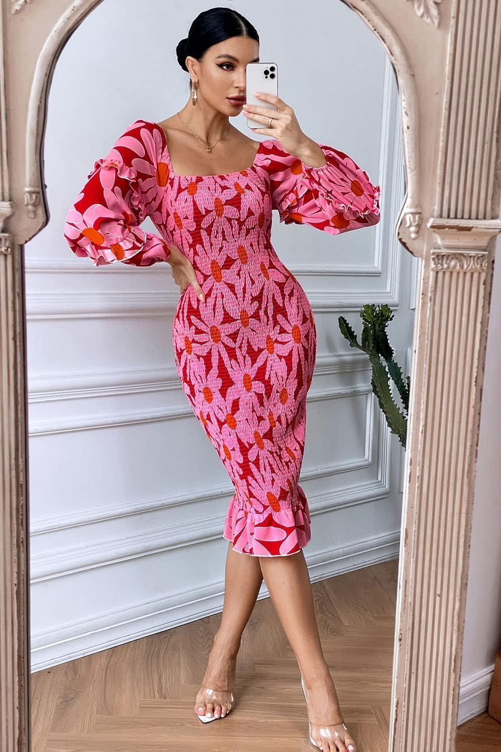 imagePRETTYGARDEN Womens Long Puff Sleeve Floral Midi Bodycon Dresses Square Neck Ruffle Mermaid Smocked DressRed Floral