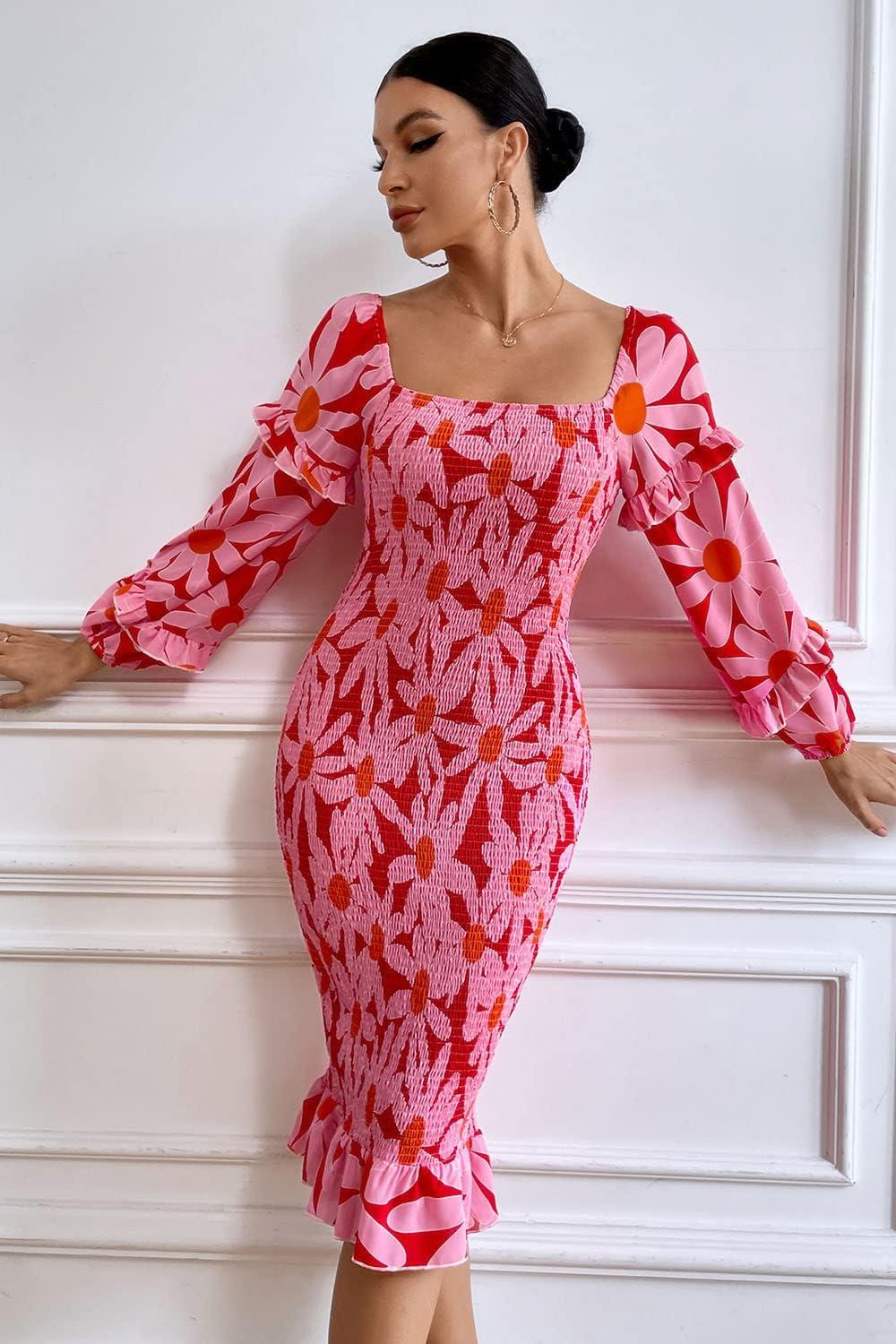 imagePRETTYGARDEN Womens Long Puff Sleeve Floral Midi Bodycon Dresses Square Neck Ruffle Mermaid Smocked DressRed Floral