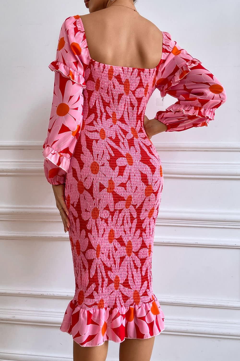 imagePRETTYGARDEN Womens Long Puff Sleeve Floral Midi Bodycon Dresses Square Neck Ruffle Mermaid Smocked DressRed Floral