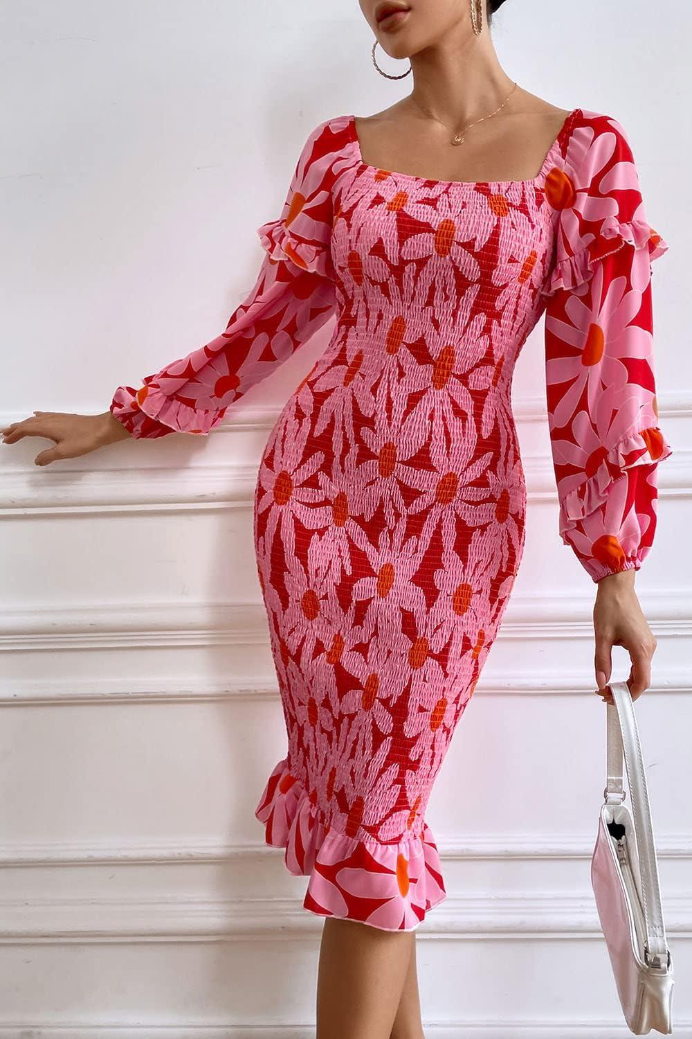 imagePRETTYGARDEN Womens Long Puff Sleeve Floral Midi Bodycon Dresses Square Neck Ruffle Mermaid Smocked DressRed Floral