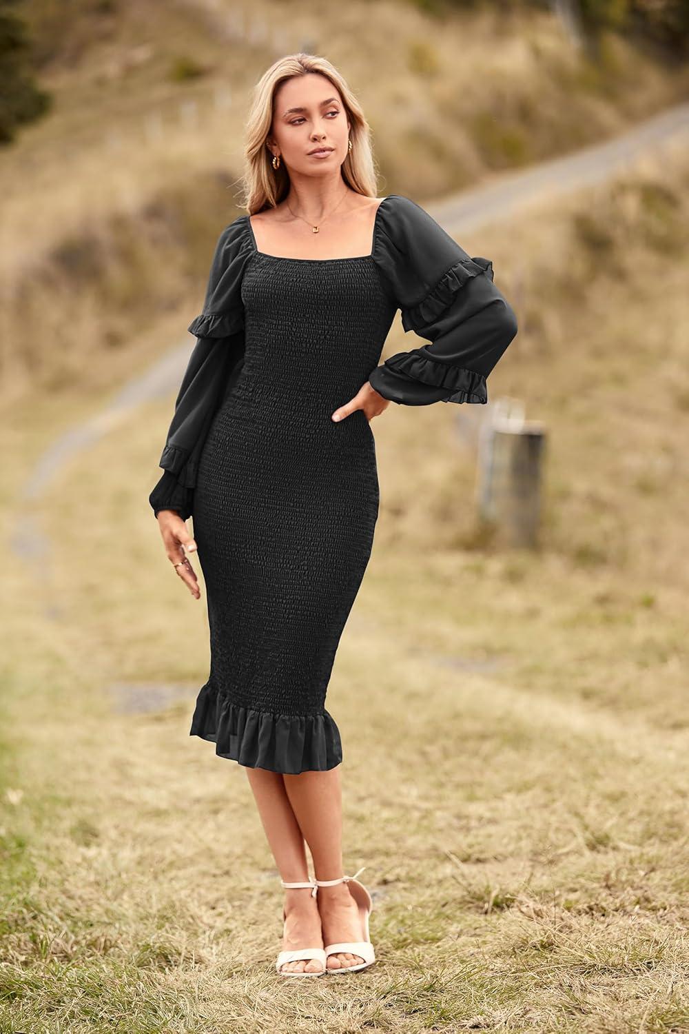 imagePRETTYGARDEN Womens Long Puff Sleeve Floral Midi Bodycon Dresses Square Neck Ruffle Mermaid Smocked DressSolid Black