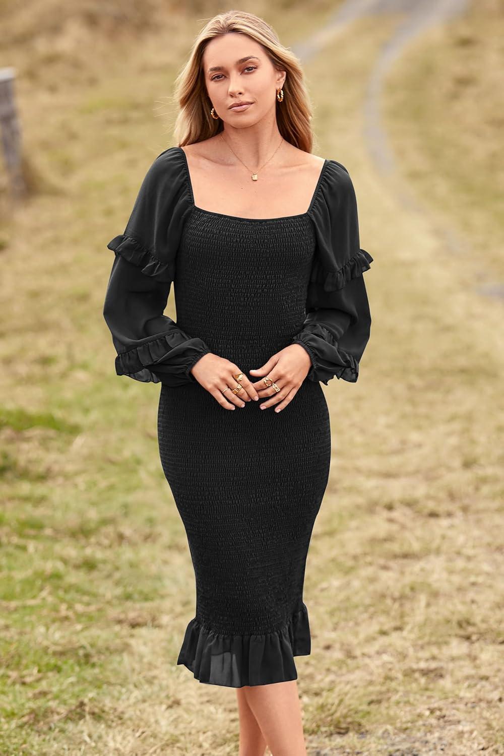 imagePRETTYGARDEN Womens Long Puff Sleeve Floral Midi Bodycon Dresses Square Neck Ruffle Mermaid Smocked DressSolid Black