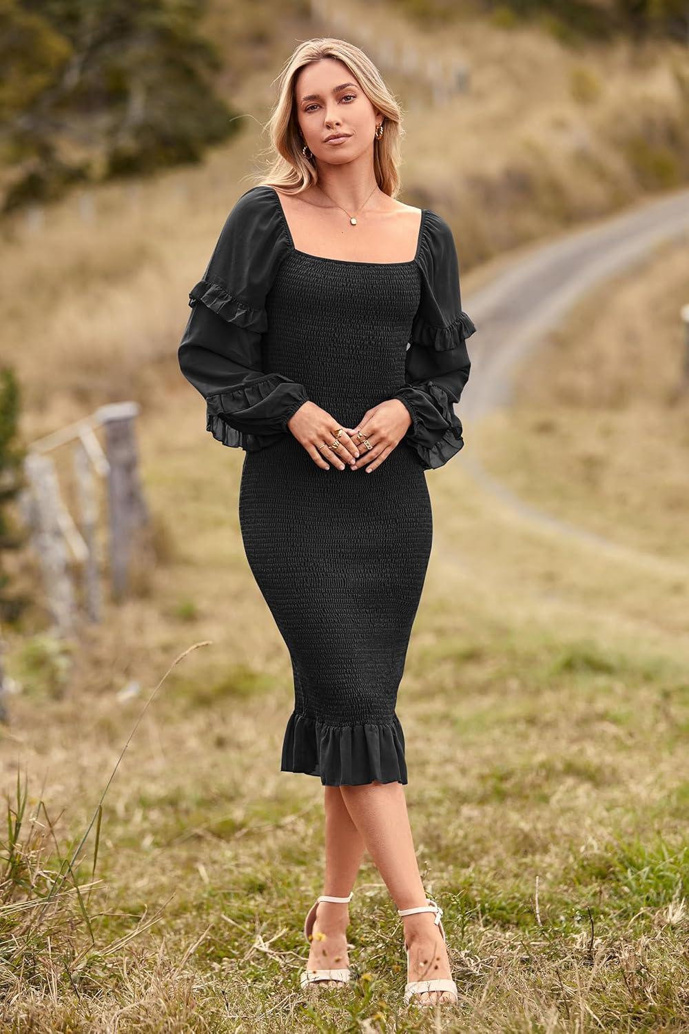 imagePRETTYGARDEN Womens Long Puff Sleeve Floral Midi Bodycon Dresses Square Neck Ruffle Mermaid Smocked DressSolid Black