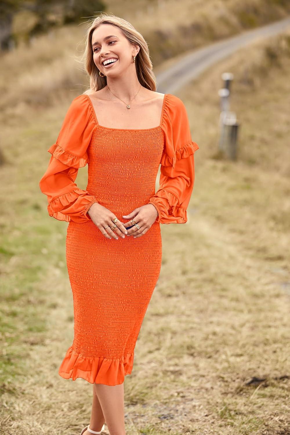 imagePRETTYGARDEN Womens Long Puff Sleeve Floral Midi Bodycon Dresses Square Neck Ruffle Mermaid Smocked DressSolid Orange
