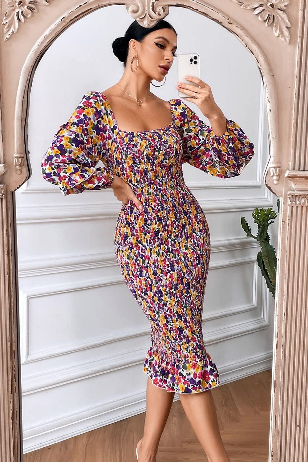 imagePRETTYGARDEN Womens Long Puff Sleeve Floral Midi Bodycon Dresses Square Neck Ruffle Mermaid Smocked DressWhite Purple
