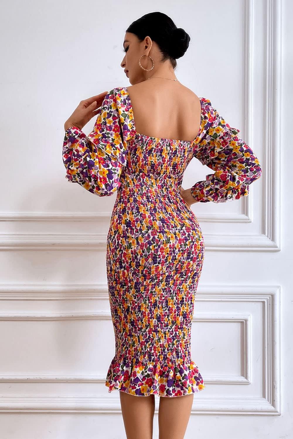 imagePRETTYGARDEN Womens Long Puff Sleeve Floral Midi Bodycon Dresses Square Neck Ruffle Mermaid Smocked DressWhite Purple