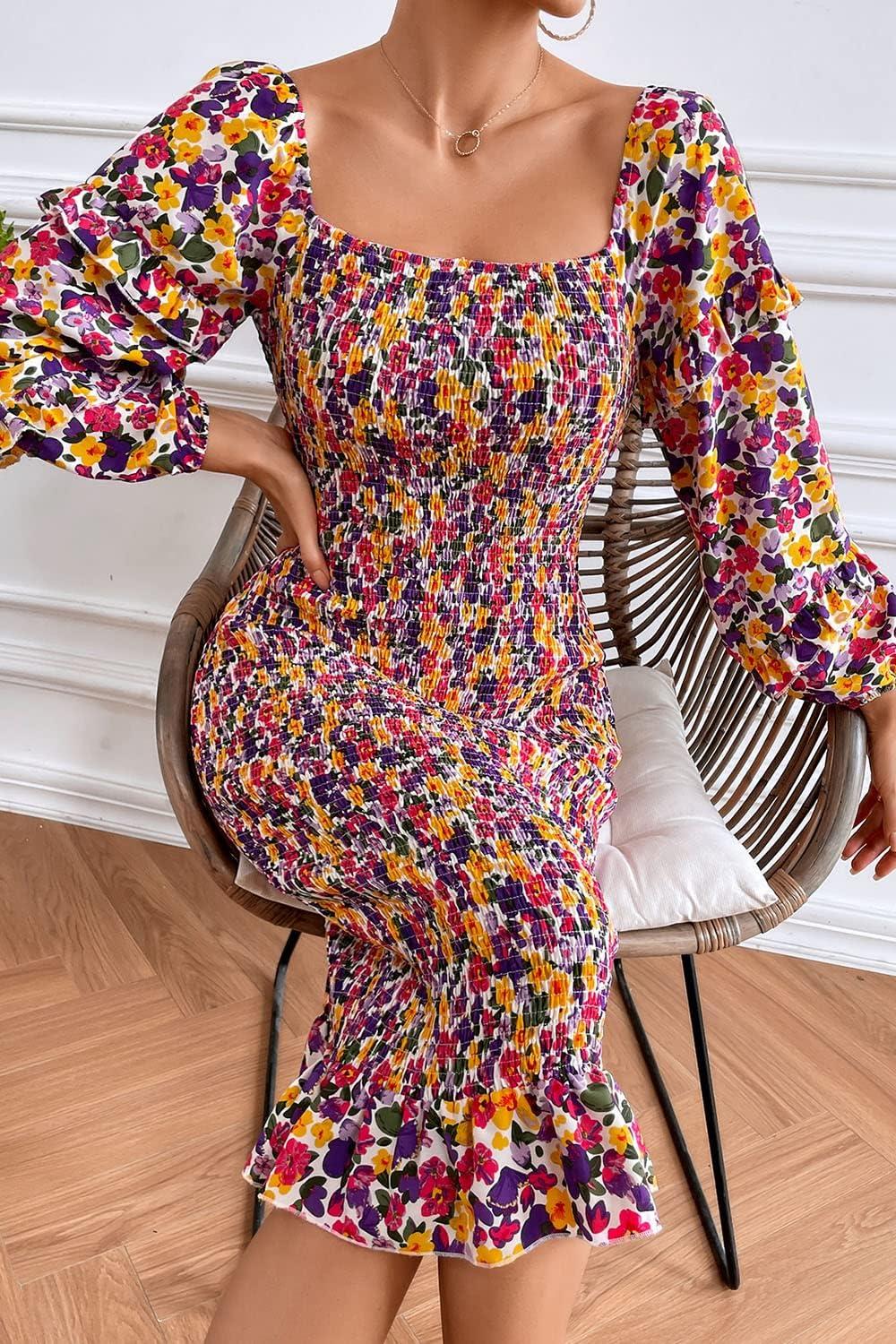 imagePRETTYGARDEN Womens Long Puff Sleeve Floral Midi Bodycon Dresses Square Neck Ruffle Mermaid Smocked DressWhite Purple
