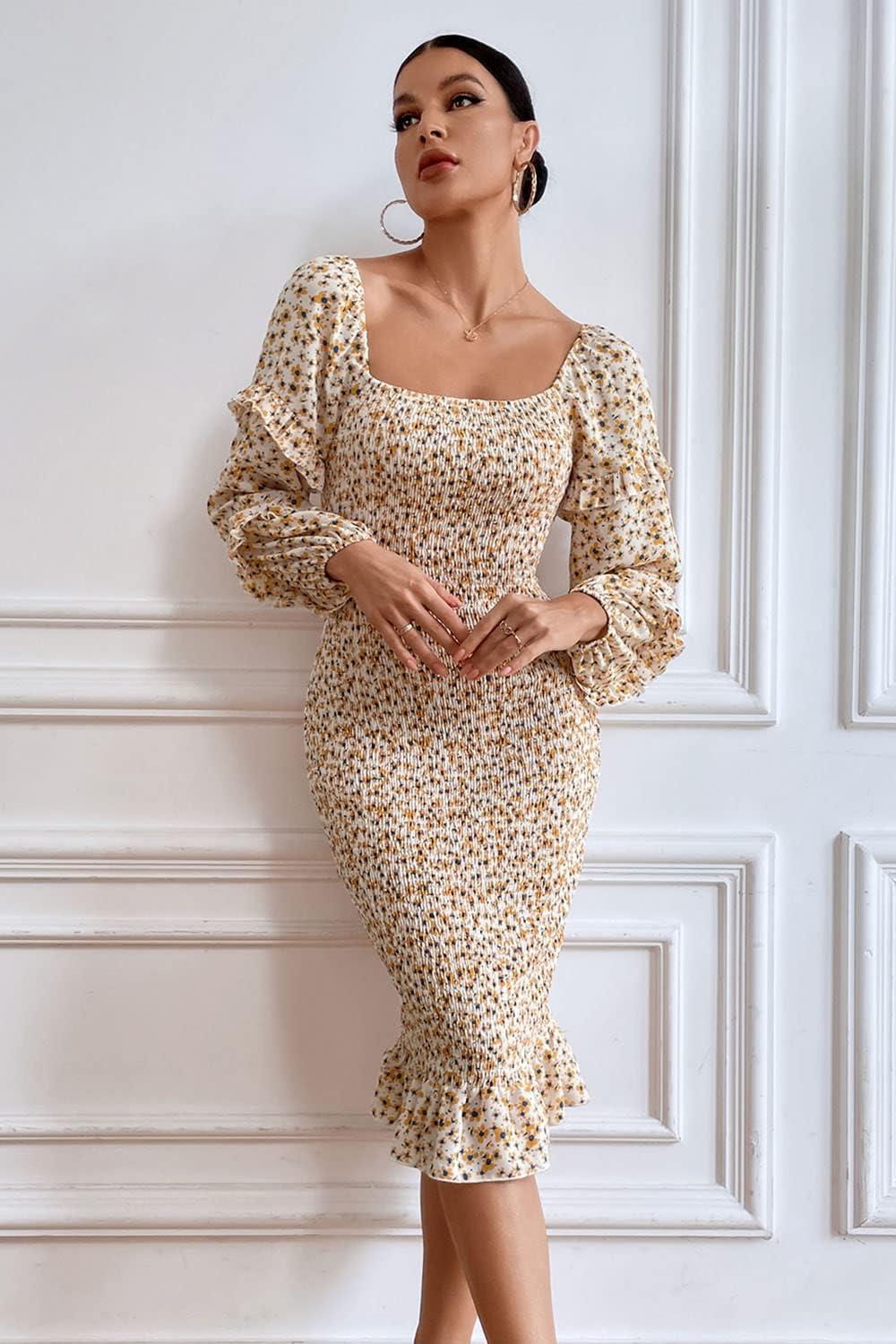 imagePRETTYGARDEN Womens Long Puff Sleeve Floral Midi Bodycon Dresses Square Neck Ruffle Mermaid Smocked DressWhite Yellow