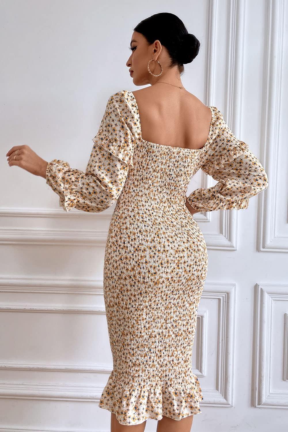 imagePRETTYGARDEN Womens Long Puff Sleeve Floral Midi Bodycon Dresses Square Neck Ruffle Mermaid Smocked DressWhite Yellow