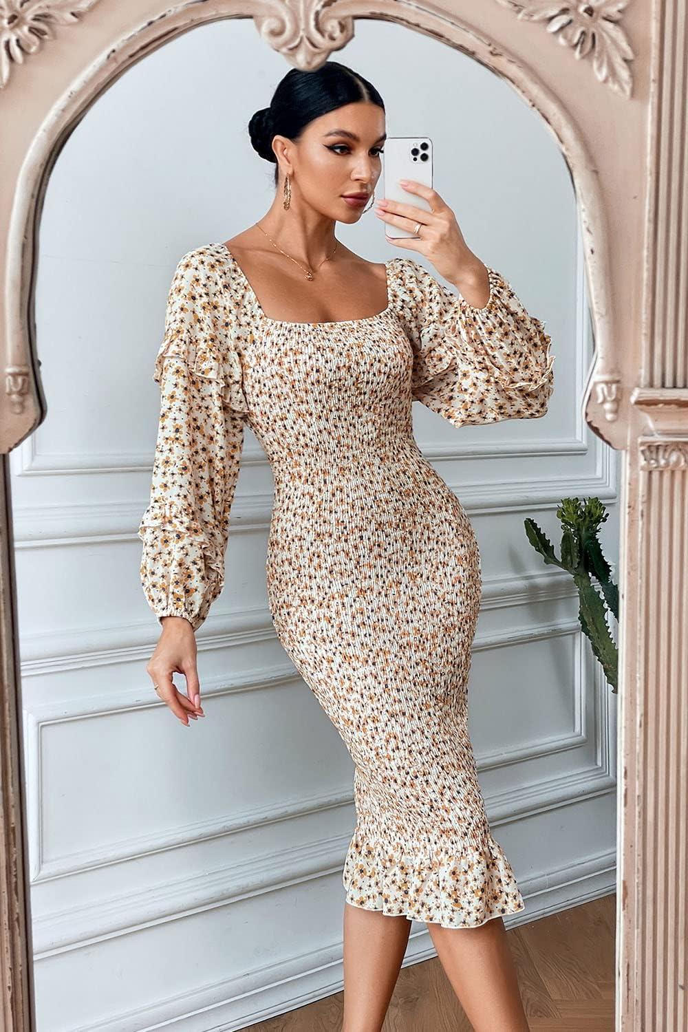 imagePRETTYGARDEN Womens Long Puff Sleeve Floral Midi Bodycon Dresses Square Neck Ruffle Mermaid Smocked DressWhite Yellow