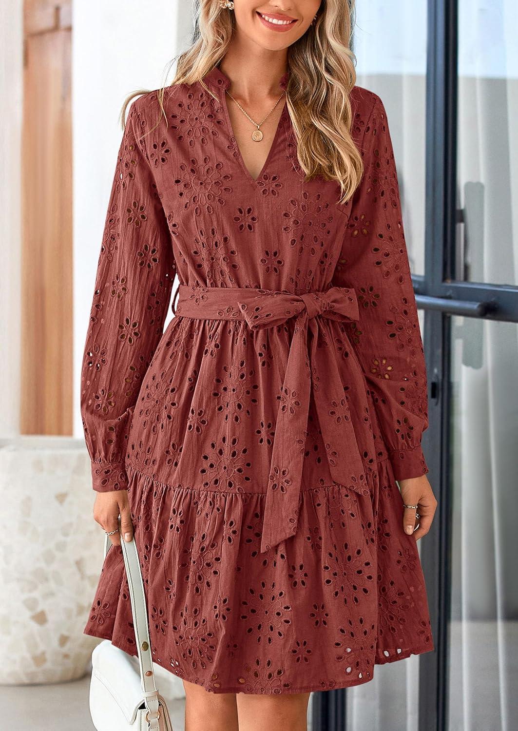 imagePRETTYGARDEN Womens Long Sleeve Spring Dress 2025 Casual Fall V Neck A Line Hollow Out Eyelet Wedding Guest Short DressesBrown Red