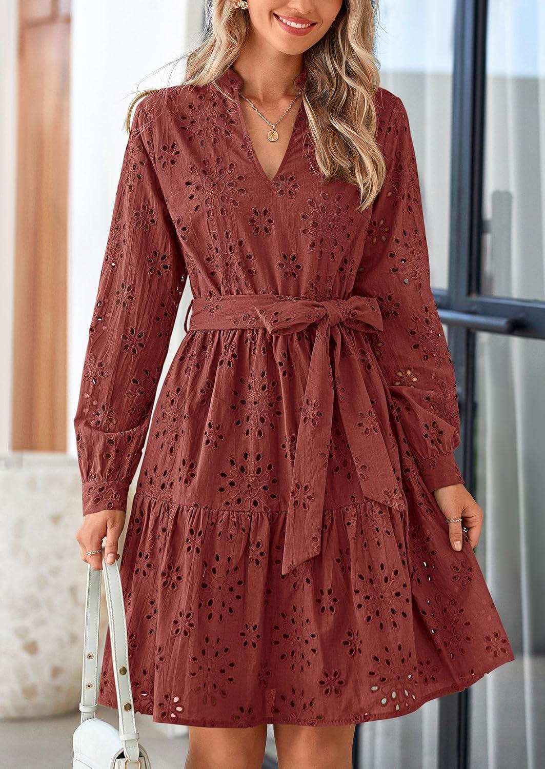 imagePRETTYGARDEN Womens Long Sleeve Spring Dress 2025 Casual Fall V Neck A Line Hollow Out Eyelet Wedding Guest Short DressesBrown Red