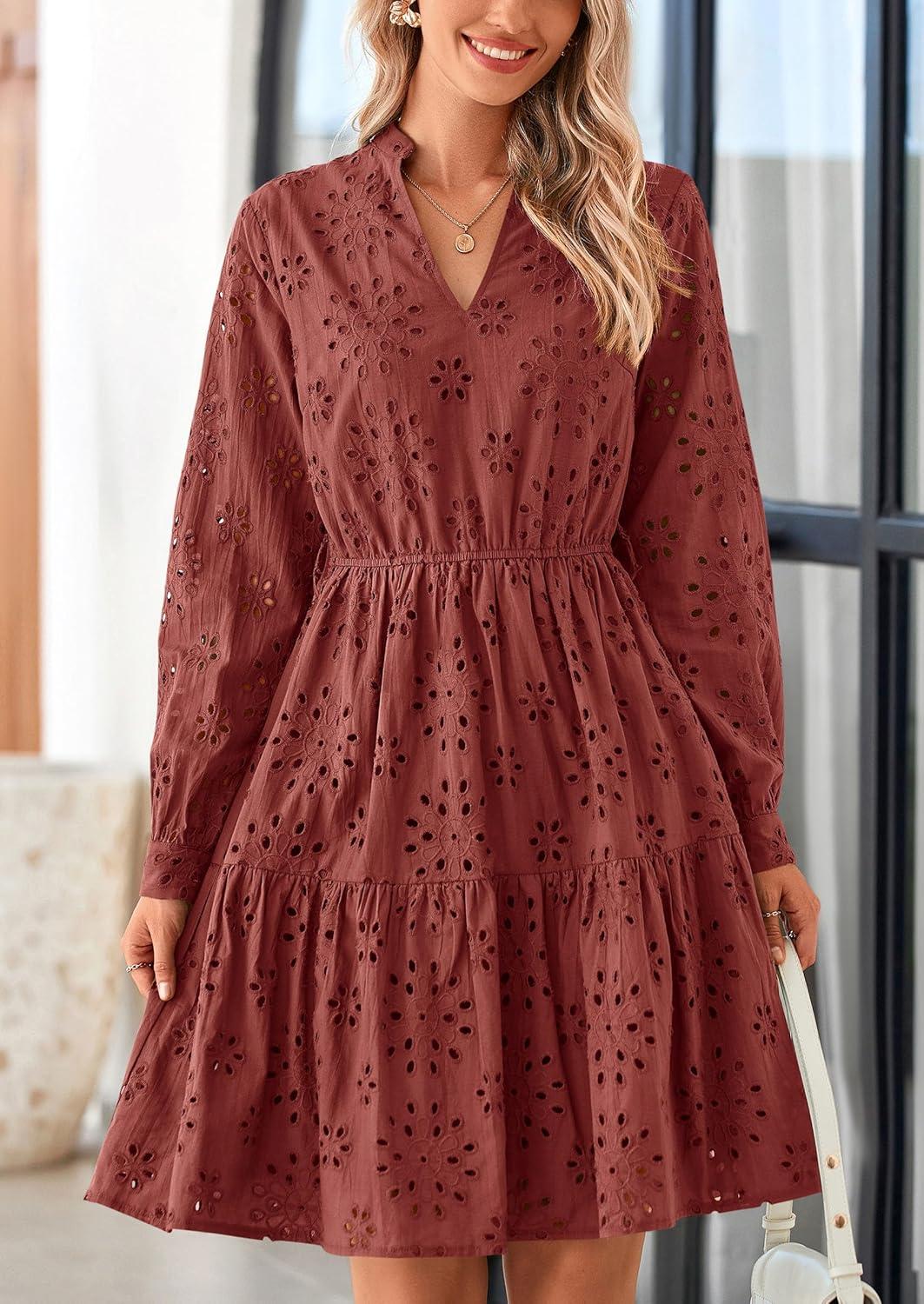 imagePRETTYGARDEN Womens Long Sleeve Spring Dress 2025 Casual Fall V Neck A Line Hollow Out Eyelet Wedding Guest Short DressesBrown Red