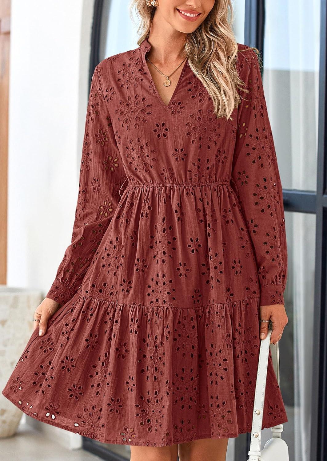 imagePRETTYGARDEN Womens Long Sleeve Spring Dress 2025 Casual Fall V Neck A Line Hollow Out Eyelet Wedding Guest Short DressesBrown Red