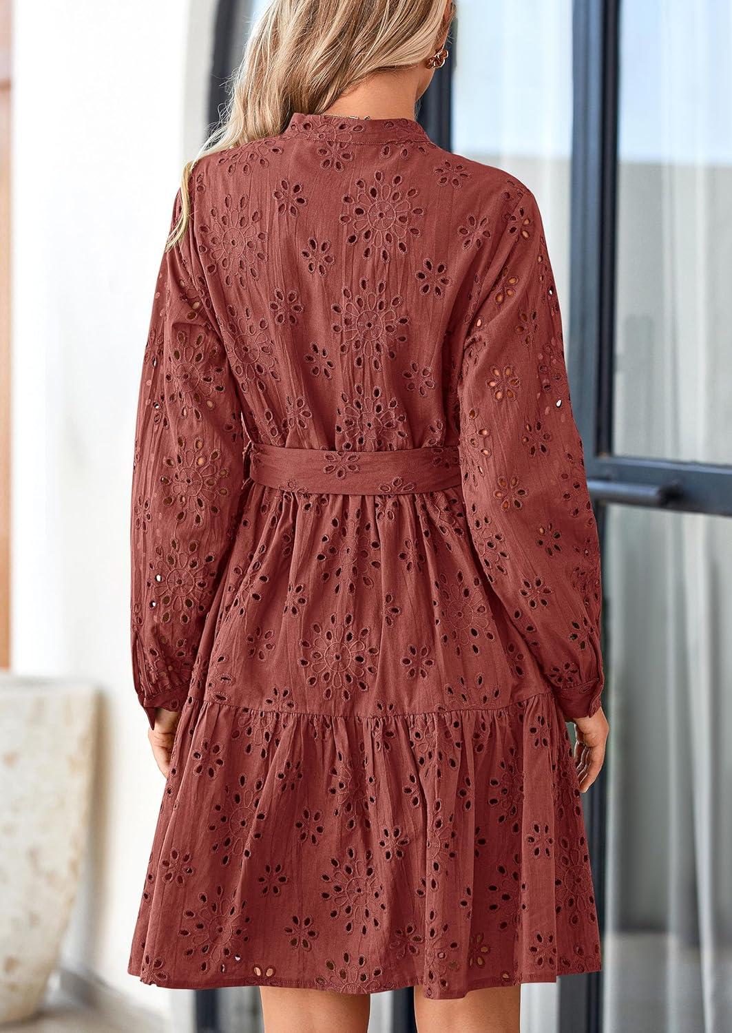 imagePRETTYGARDEN Womens Long Sleeve Spring Dress 2025 Casual Fall V Neck A Line Hollow Out Eyelet Wedding Guest Short DressesBrown Red