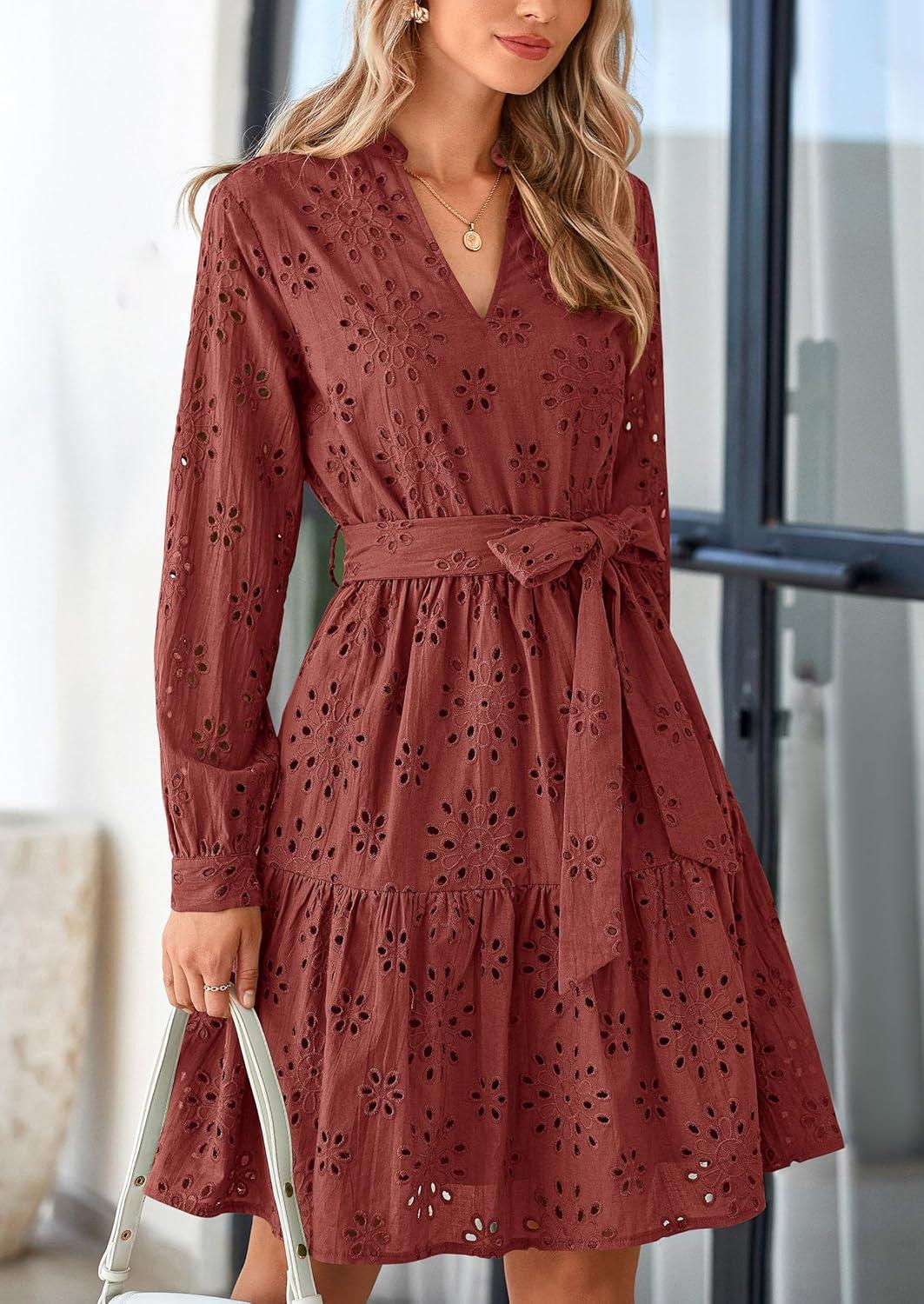 imagePRETTYGARDEN Womens Long Sleeve Spring Dress 2025 Casual Fall V Neck A Line Hollow Out Eyelet Wedding Guest Short DressesBrown Red