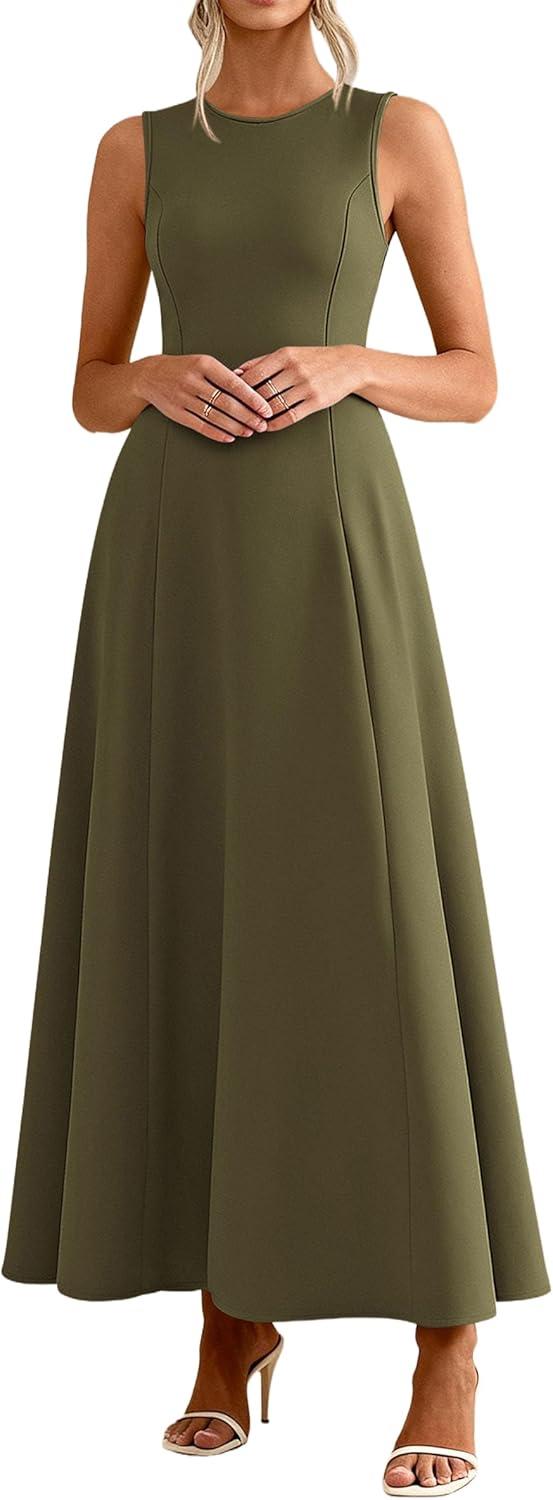imagePRETTYGARDEN Womens Maxi Dress Summer Wedding Guest 2026 Spring A Line Long Tank Flowy Modest Sleeveless Cocktail DressesArmy Green