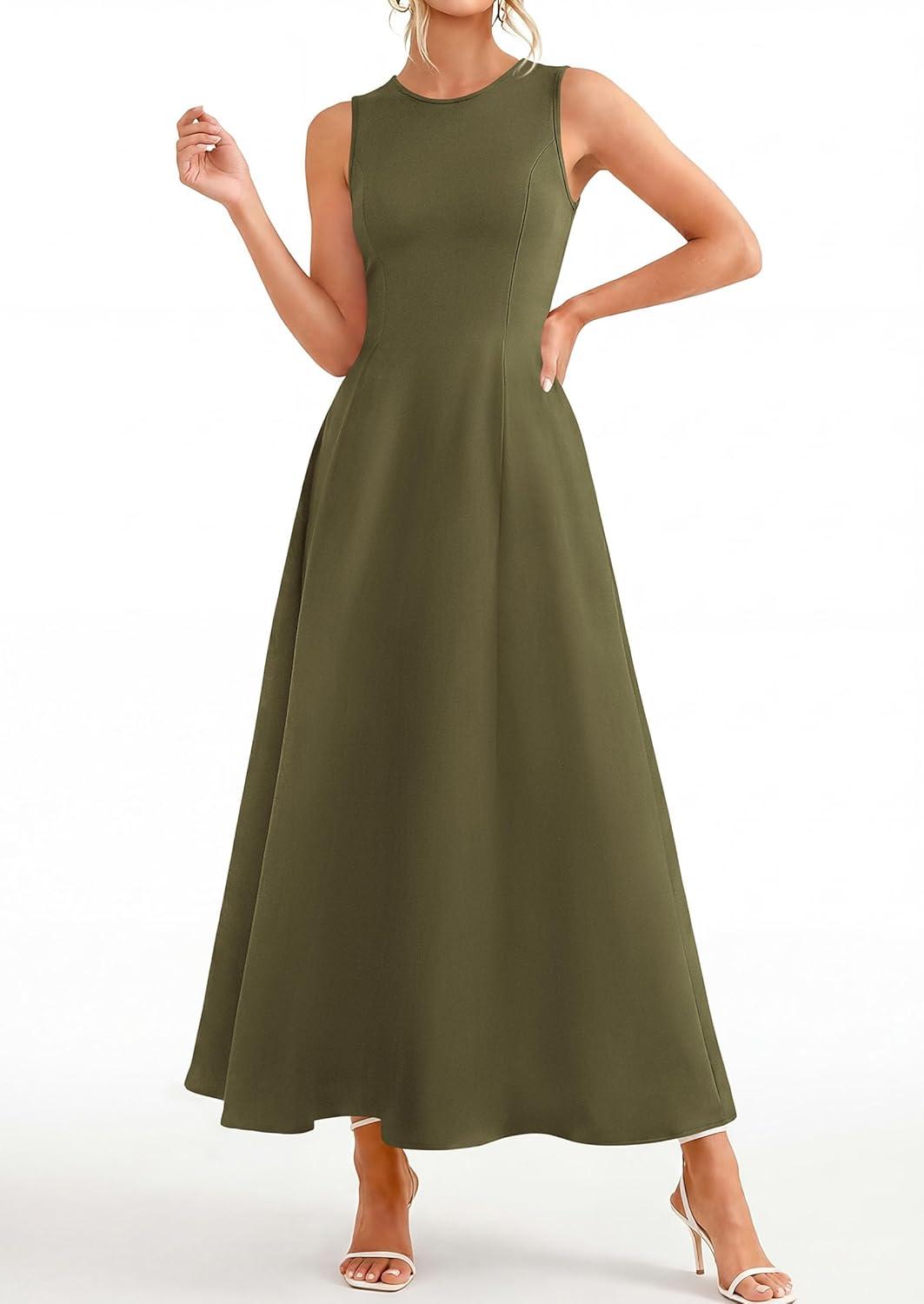 imagePRETTYGARDEN Womens Maxi Dress Summer Wedding Guest 2026 Spring A Line Long Tank Flowy Modest Sleeveless Cocktail DressesArmy Green
