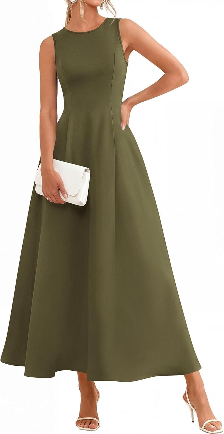 imagePRETTYGARDEN Womens Maxi Dress Summer Wedding Guest 2026 Spring A Line Long Tank Flowy Modest Sleeveless Cocktail DressesArmy Green