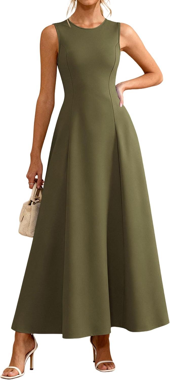 imagePRETTYGARDEN Womens Maxi Dress Summer Wedding Guest 2026 Spring A Line Long Tank Flowy Modest Sleeveless Cocktail DressesArmy Green